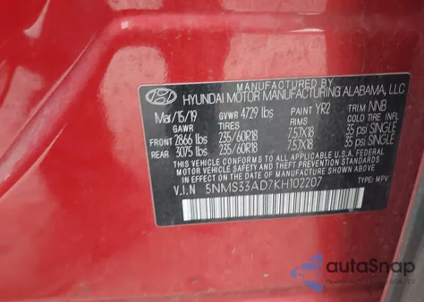 2019 Hyundai Santa Fe Sel Plus from USA, damaged, VIN 5NMS33AD7KH102207
